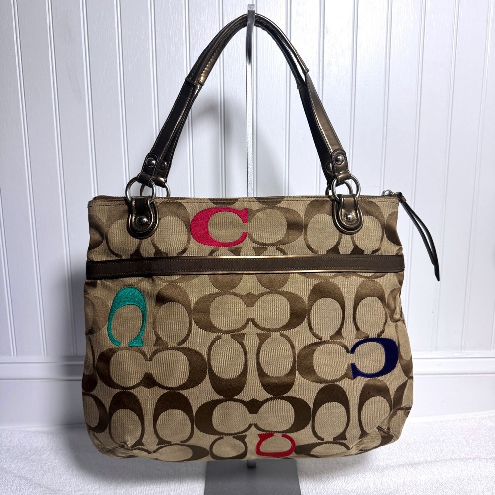 Coach Poppy Signature C Tote Bag Purse Brown Multi Color Metallic Trim 21184